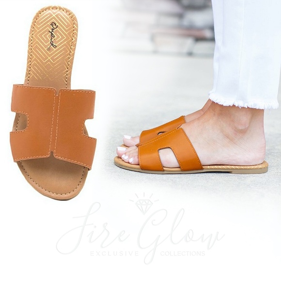 ONLY 1 LEFT! Cognac Leatherette Slip-on Sandals - Picture 3 of 3